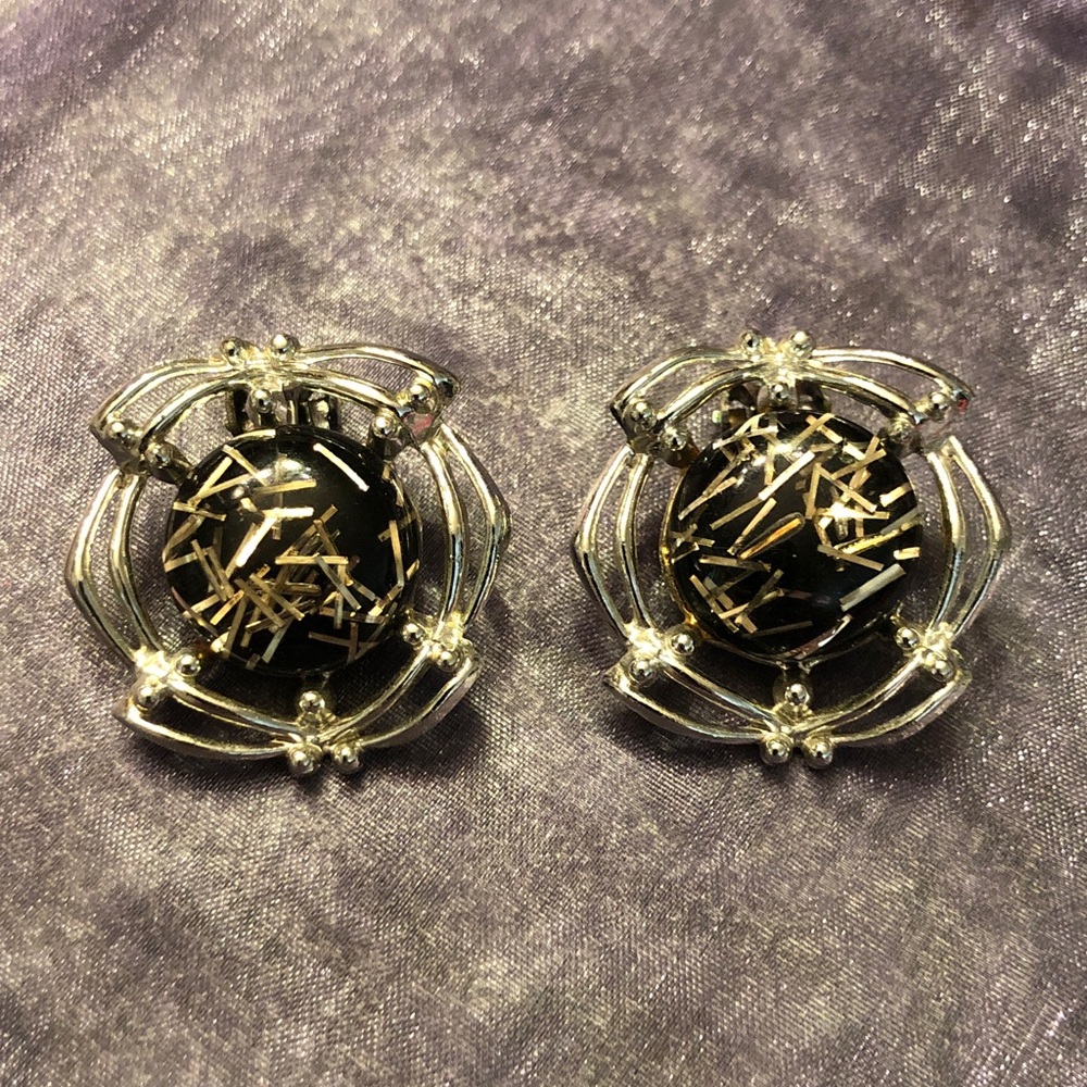 Tara Silver-Tone Black Lucite & Gold Confetti Round Statement Clip-on Earrings